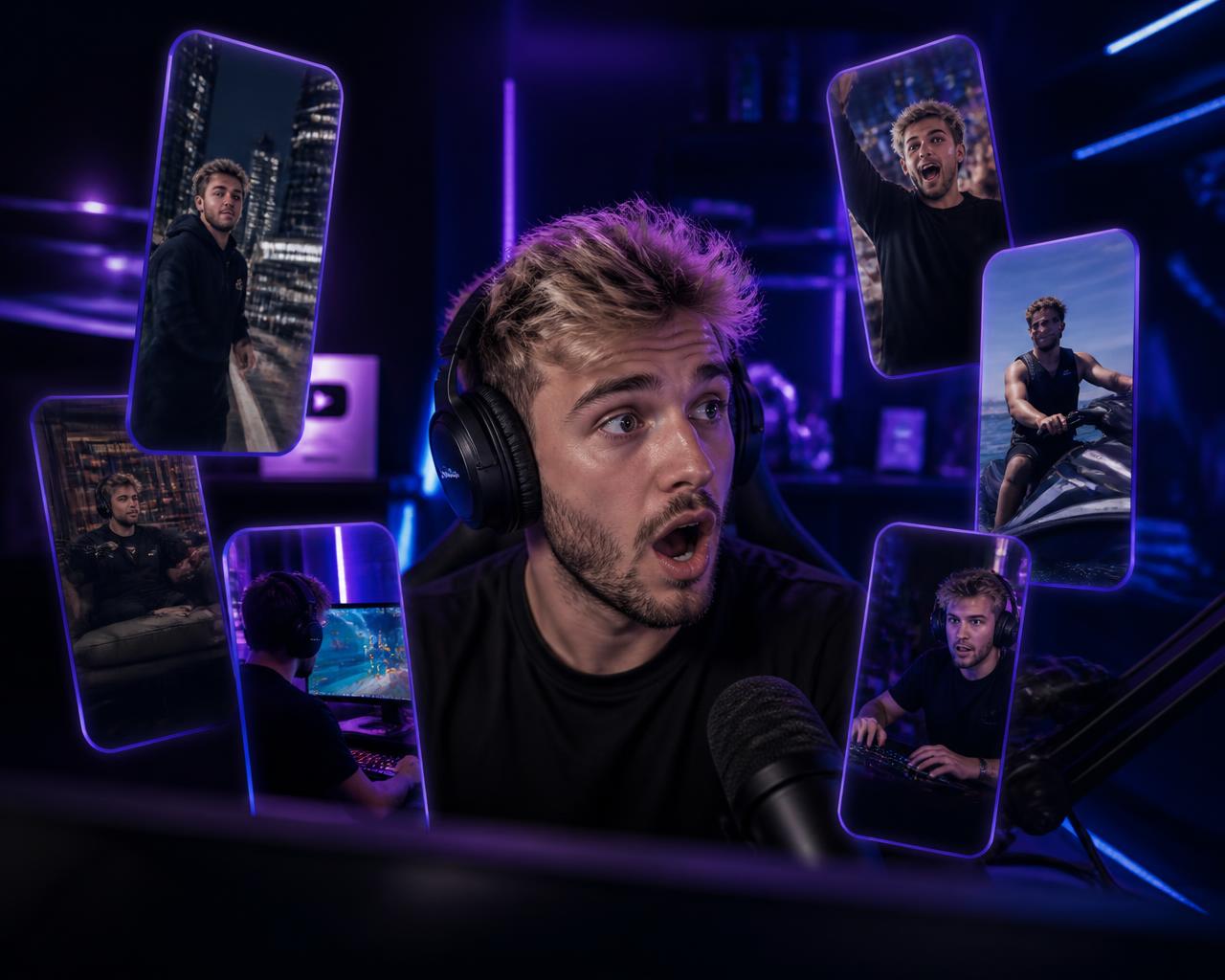 Creator reacting on stream surrounded by vertical short-form clips